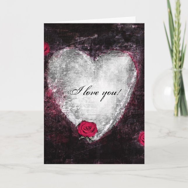 Elegantes Schwarzes Herz & Rose "I Liebe you" Karte (Vorderseite)