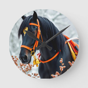 Elegantes schwarzes Kastanienpferd Runde Wanduhr