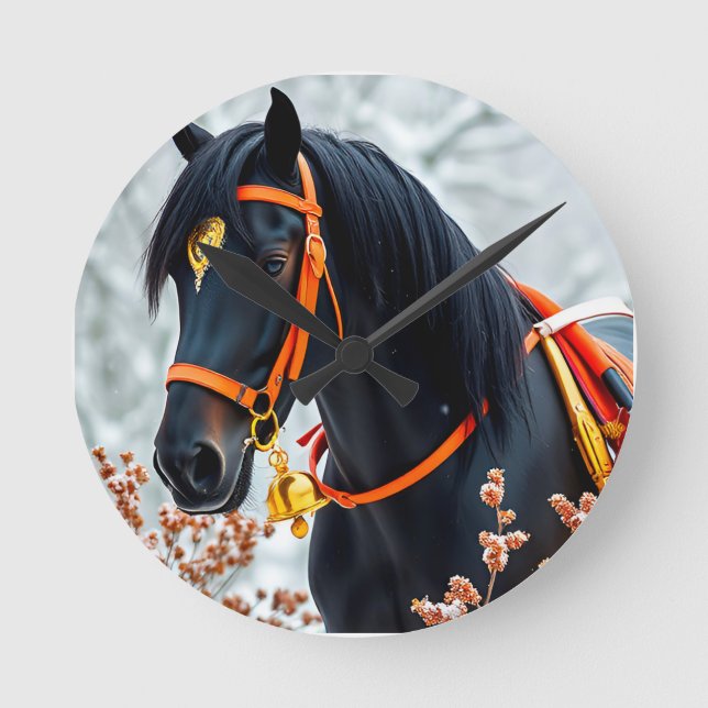 Elegantes schwarzes Kastanienpferd Runde Wanduhr (Vorderseite)