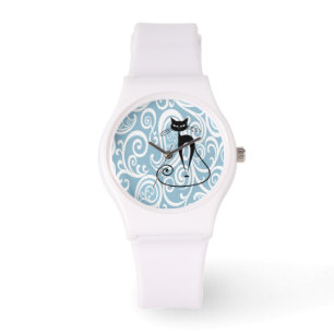 Elegantes schwarzes Katzen sanftes Blumenmuster Armbanduhr