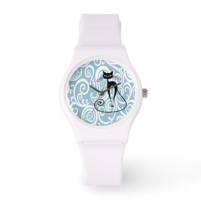 Elegantes schwarzes Katzen sanftes Blumenmuster Armbanduhr (Vorderseite)