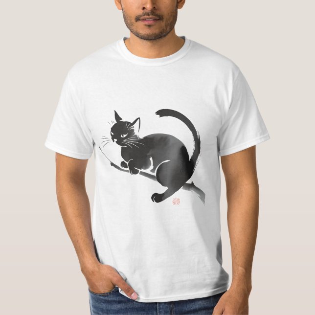Elegantes Schwarzes Katzenbild T-Shirt (Vorderseite)
