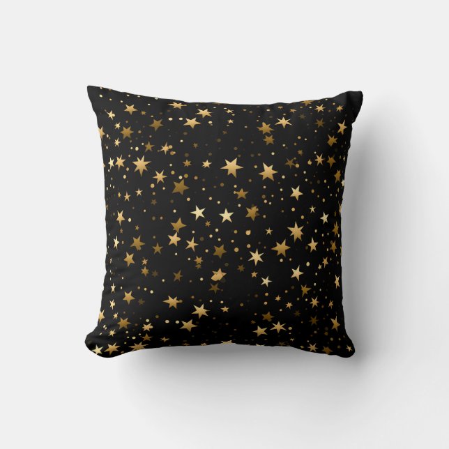 Elegantes, schwarzes Kissen mit goldenen Sternen (Vorderseite)
