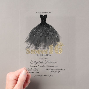 Elegantes schwarzes Kleid Gold Bokeh Sweet 16 Part Acryleinladungen