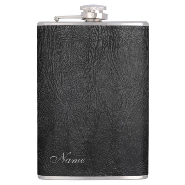Elegantes schwarzes Leder personalisiert aussehen Flachmann (Vorderseite)