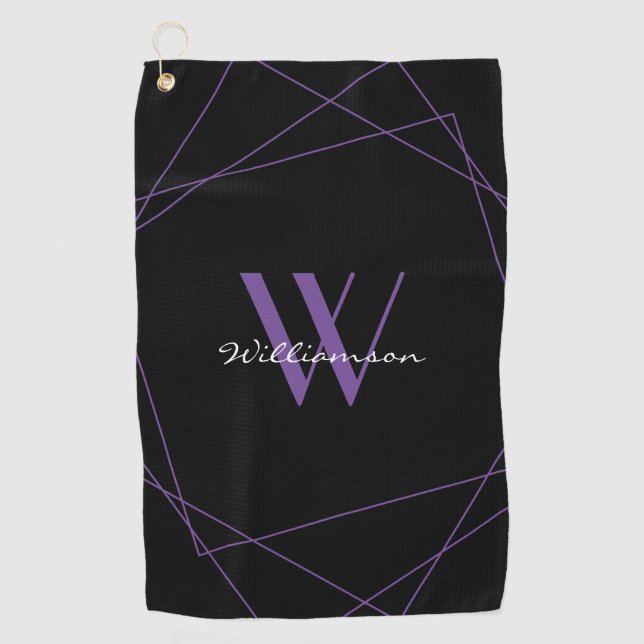 Elegantes Schwarzes Lila Monogramm Namensschild Golfhandtuch (Vorderseite)