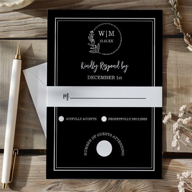 Elegantes schwarzes Linien-Monogramm zur Hochzeit RSVP Karte (Elegant Black Line Drawing Monogram Wedding RSVP Card)