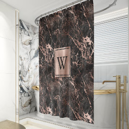 Elegantes Schwarzes Marmor Rose Gold Monogramm Duschvorhang