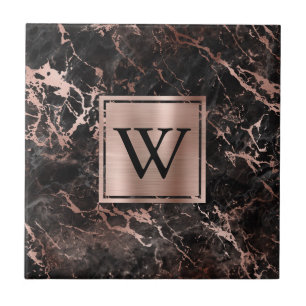 Elegantes Schwarzes Marmor Rose Gold Monogramm Fliese