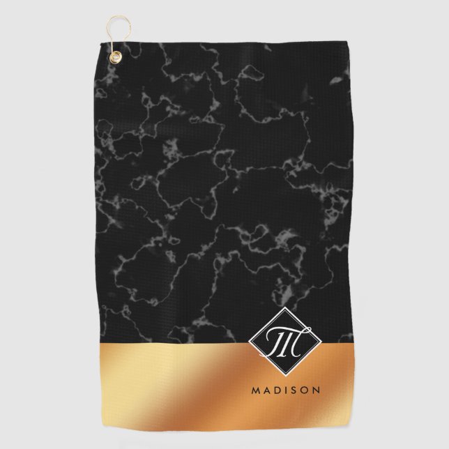 Elegantes Schwarzes Marmor- und Kupferfoilskriptmo Golfhandtuch (Vorderseite)
