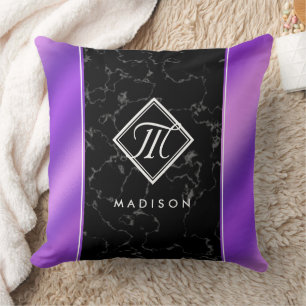 Elegantes Schwarzes Marmor und Lila Foil Monogramm Kissen
