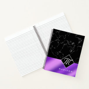 Elegantes Schwarzes Marmor und Lila Foil Monogramm Notizbuch