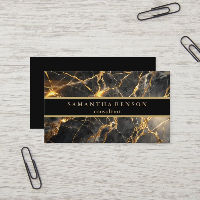Elegantes Schwarzes Marmor und metallisches Gold D Visitenkarte (Vorderseite/Rückseite Beispiel)