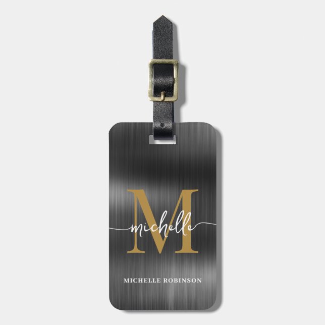 Elegantes schwarzes Metall Gold Monogramm Initials Gepäckanhänger (Vorderseite vertikal)