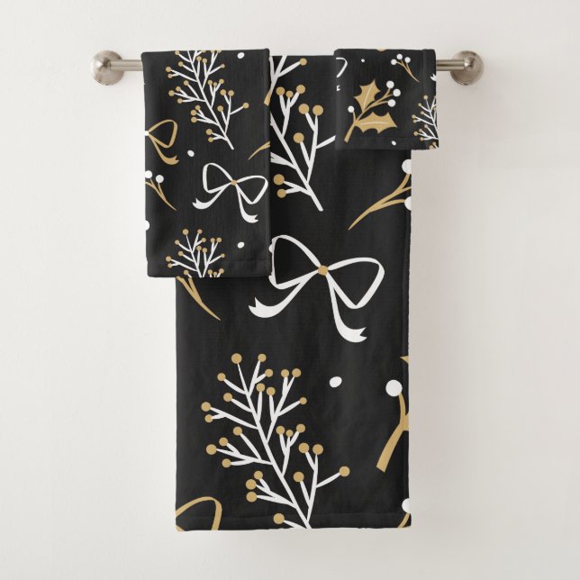Elegantes Schwarzes Mistletoe & Ribbon Weihnachtsm Badhandtuch Set (Insitu)