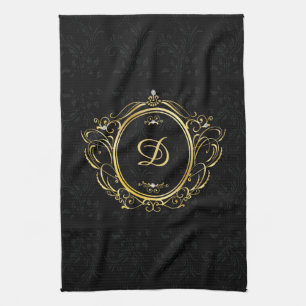 Elegantes schwarzes Monogramm-Damaskus-Design in G Geschirrtuch