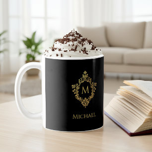 Elegantes Schwarzes Monogramm in Vintagem Wappen Kaffeetasse