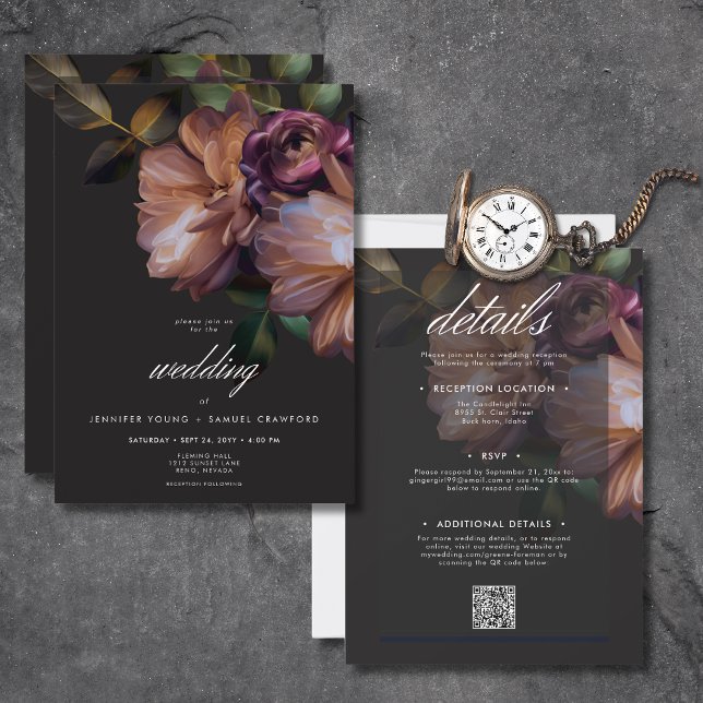 Elegantes Schwarzes Moody-Floral Einladung (Elegant Black Moody Floral All In One Invitation)