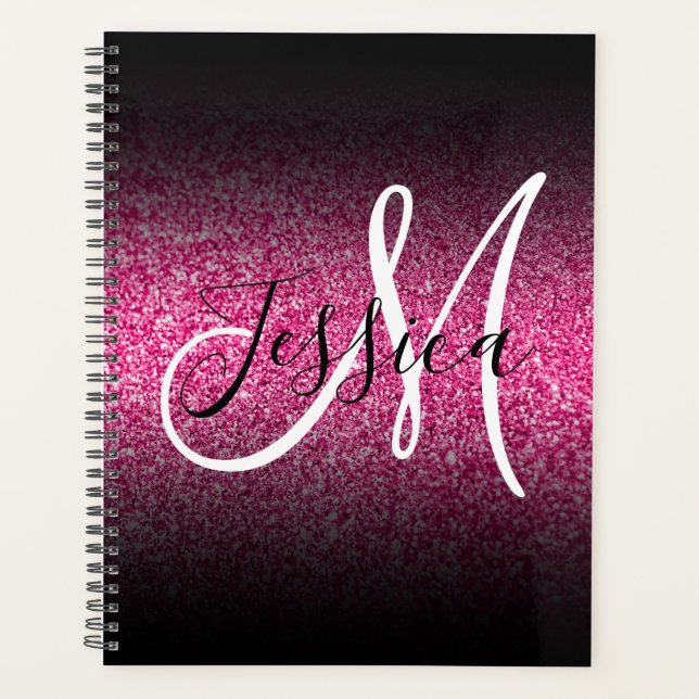 Elegantes Schwarzes Ombre Hot Pink Glitzer Monogra Planer (Vorderseite)