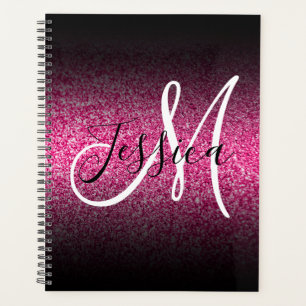 Elegantes schwarzes Ombre-Hotpink-Glitter-Monogram Planer