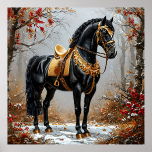 Elegantes schwarzes Pferd, geschmückt mit goldenem Poster