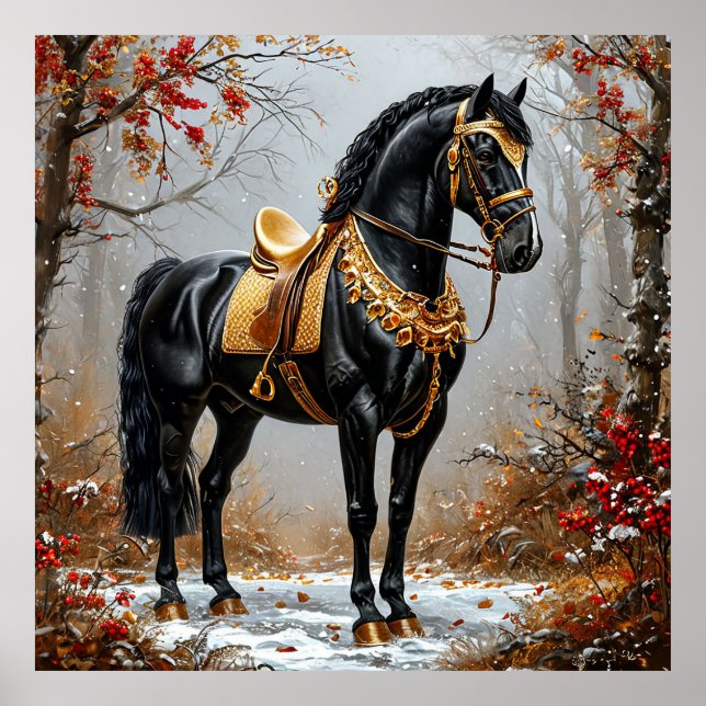 Elegantes Schwarzes Pferd im Golden Tackle Poster (Vorne)