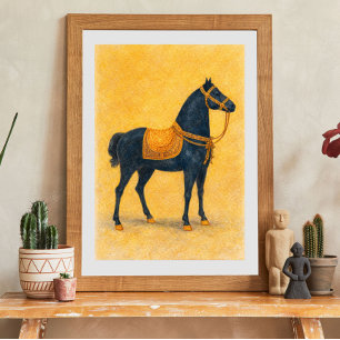 Elegantes schwarzes Pferd mit goldenem Geschirr Ku Poster