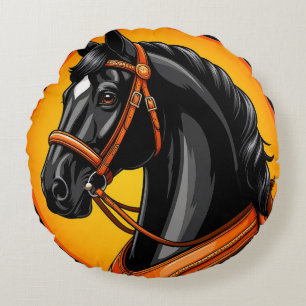 Elegantes Schwarzes Pferd Rundes Kissen