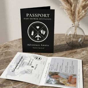Elegantes schwarzes Reisepass-Foto Baby Shower Einladung