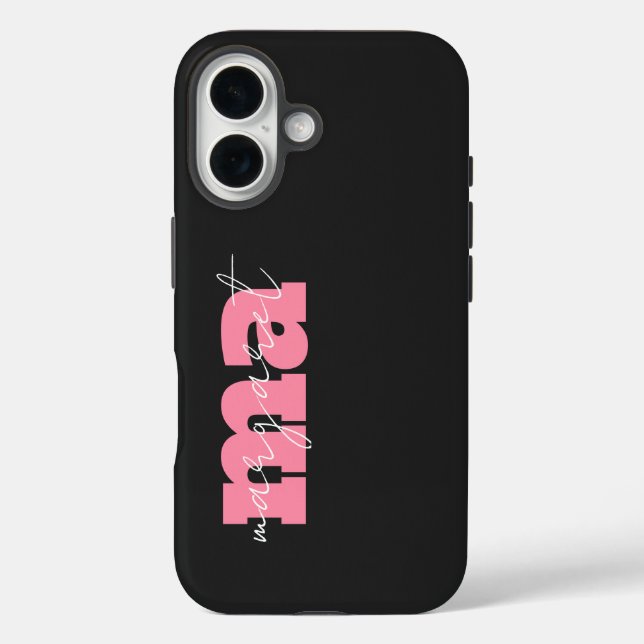 Elegantes schwarzes rosa Monogramm Initialskript N iPhone 16 Hülle (Rückseite)