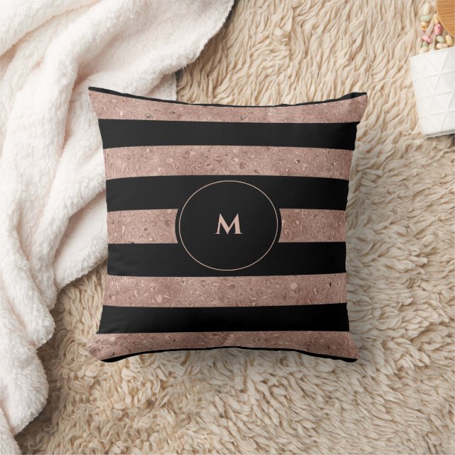 Elegantes Schwarzes Rose Gold Glitzer Streifen Mon Kissen (Decke)