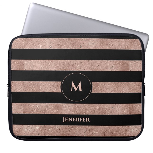 Elegantes Schwarzes Rose Gold Glitzer Streifen Mon Laptopschutzhülle (Vorderseite)