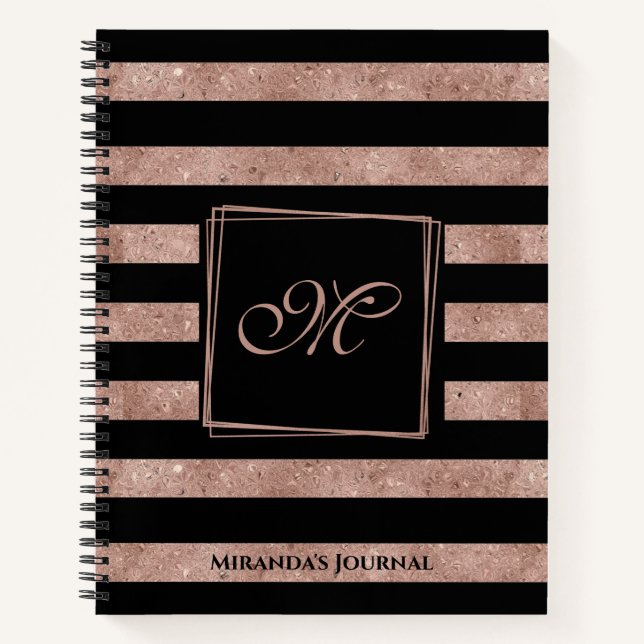 Elegantes Schwarzes Rose Gold Glitzer Streifen Mon Notizbuch (Vorderseite)