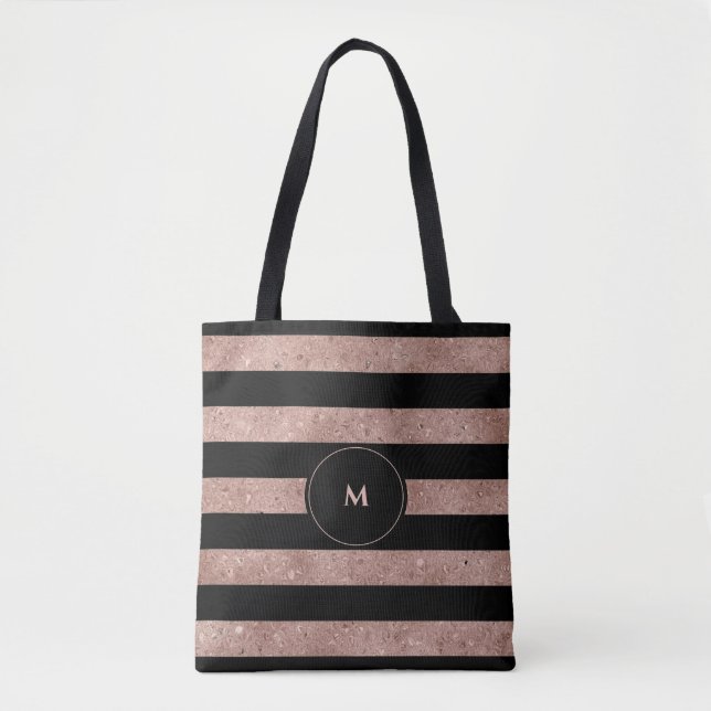Elegantes Schwarzes Rose Gold Glitzer Streifen Mon Tasche (Vorderseite)