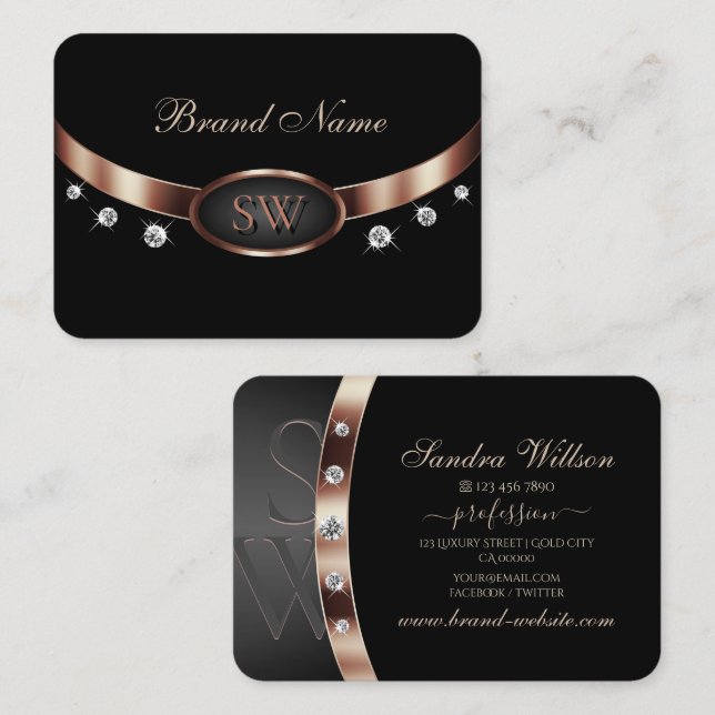 Elegantes Schwarzes Rose Gold mit Diamanten und Mo Visitenkarte (Vorne/Hinten)