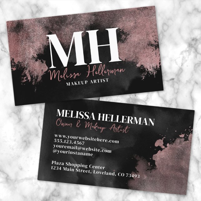 Elegantes Schwarzes Rose-Monogramm Visitenkarte (Elegant Black Rose Gold Monogram Business Card)