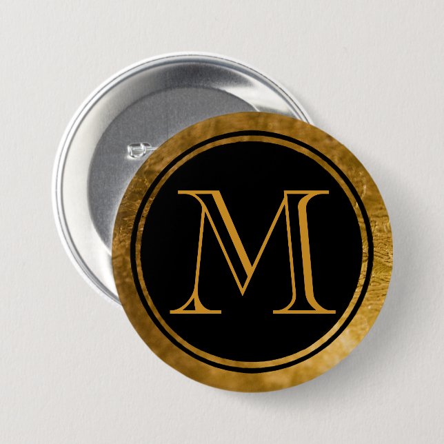 Elegantes Schwarzes Rundgold Gerahmtes Monogramm Button (Vorne & Hinten)