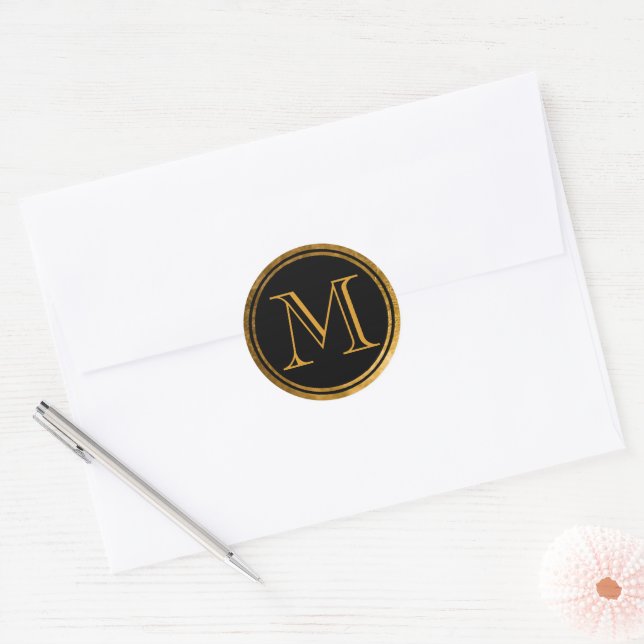 Elegantes Schwarzes Rundgold Gerahmtes Monogramm Runder Aufkleber (Umschlag)