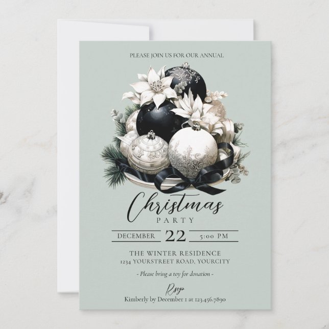 Elegantes Schwarzes Salbei Weihnachts-Party Einladung (Vorderseite)