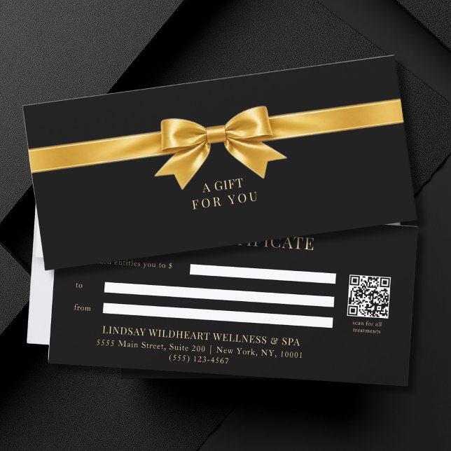 Elegantes schwarzes Schleifen-QR-Code-Geschenkguts (Elegant Black Gold Bow QR Code Gift Certificate)