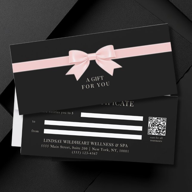 Elegantes schwarzes Schleifen-QR-Code-Geschenkguts (Elegant Black Light Pink Beige Bow QR Code Gift Certificate)