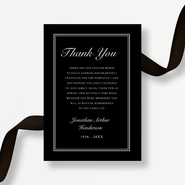 Elegantes Schwarzes Script Beileid Beerdigung Dankeskarte (Elegant Black Script Sympathy Funeral Thank You Card)