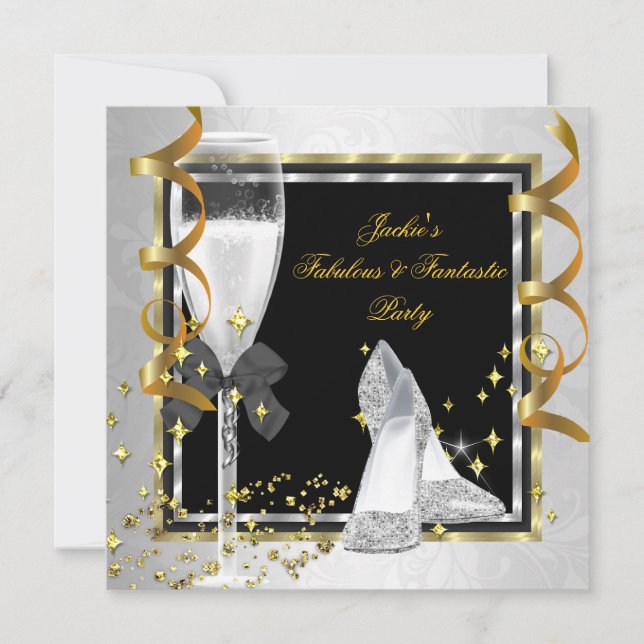 Elegantes Schwarzes Silber Gold jedes Alters Gebur Einladung (Vorderseite)