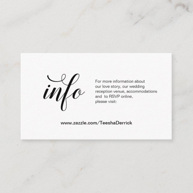 Elegantes Schwarzes Skript, Hochzeitdetails, Onlin Begleitkarte (Vorderseite)