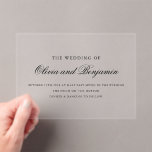 Elegantes Schwarzes Skript Minimal formale Hochzei Acryleinladungen<br><div class="desc">Diese anspruchsvolle Hochzeitseinladung beinhaltet ein zartes schwarzes Skript gepaart mit klassischem Serifentext auf einem sauberen, modernen Layout - perfekt für formale Feiern. Diese Karte ist für Paare gedacht, die zeitlose Eleganz und subtilen Luxus schätzen. Sie enthält personalisierte Details wie Namen, Veranstaltungsort und Zeit. Ideal für Veranstaltungen mit schwarzer Krawatte oder...</div>