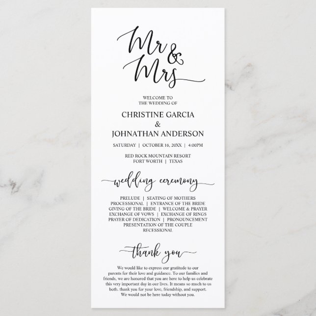 Elegantes Schwarzes Skript, Mr. und Mrs., Hochzeit Programm (Vorderseite)