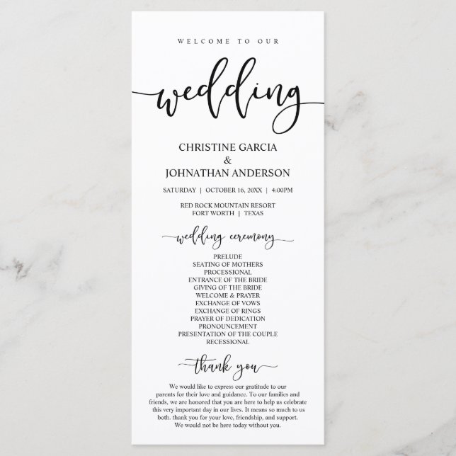 Elegantes schwarzes Skript, Unsere Hochzeitfeier Programm (Vorderseite)