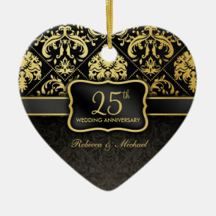 Elegantes Schwarzes u. Gold25. Hochzeitstag Keramikornament