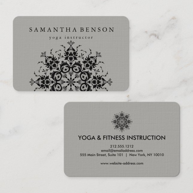 Elegantes schwarzes u. graues Blumen-Logo-Yoga Visitenkarte (Vorne/Hinten)