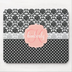Elegantes schwarzes u. weißes Damast-Rosa-Girly Mousepad